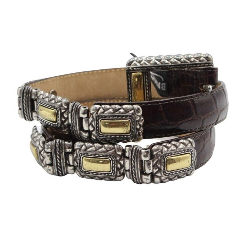 Brighton Brown Croc Grain Leather Silver Gold Hinged Belt #44209 Size M - Picture 2 of 9